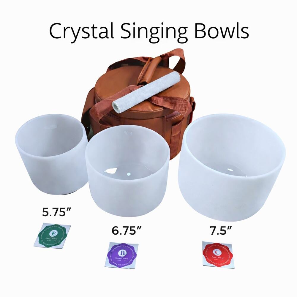 Crystal Singing Bowls 432Hz 5.75"F, 6.75"B, 7.5"C Chakra Frosted Quartz Mallet